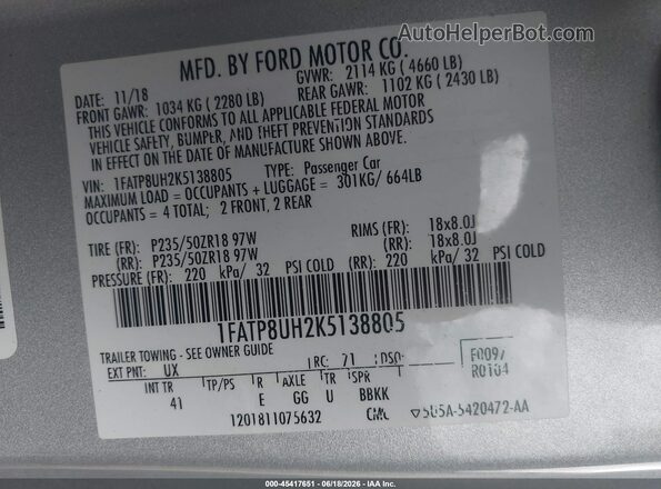 1FATP8UH2K5138805 2019 FORD MUSTANG Silver Vista del compartimento del motor