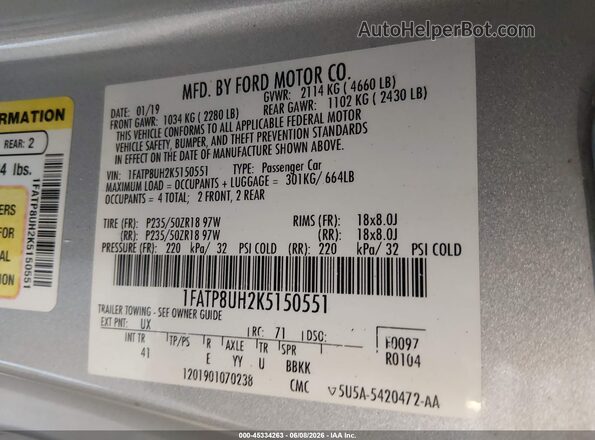 1FATP8UH2K5150551 2019 FORD MUSTANG Silver Engine compartment view