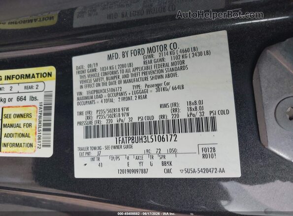 1FATP8UH3L5106172 2020 FORD MUSTANG Gray 