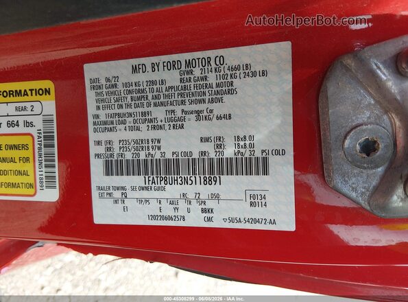 1FATP8UH3N5118891 2022 FORD MUSTANG Red Engine compartment view