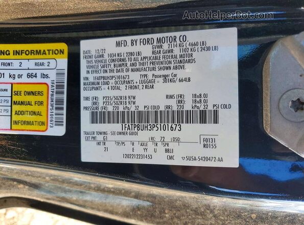 1FATP8UH3P5101673 2023 FORD MUSTANG Black VIN კოდის სტიკერის ხედი