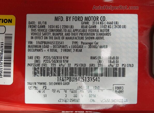 1FATP8UH4J5133541 2018 FORD MUSTANG Red Շարժիչի բաժամունքի տեսք