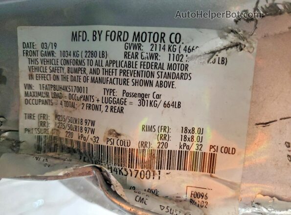 1FATP8UH4K5170011 2019 FORD MUSTANG Silver 