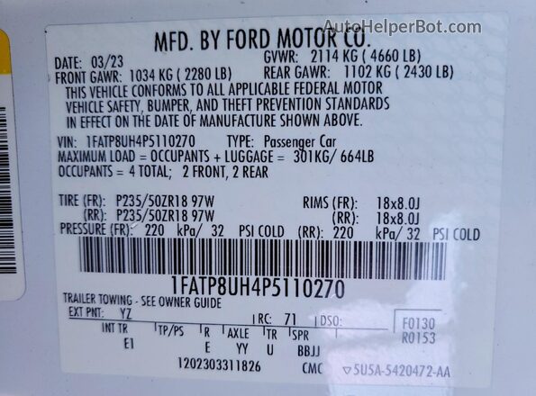 1FATP8UH4P5110270 2023 FORD MUSTANG White 
