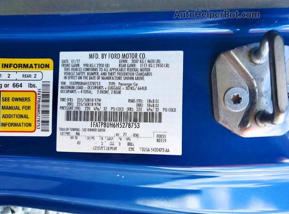 1FATP8UH6H5278753 2017 FORD MUSTANG Blue 