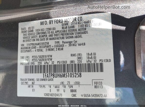 1FATP8UH6M5105258 2021 FORD MUSTANG Gray Вид підкапотного простору