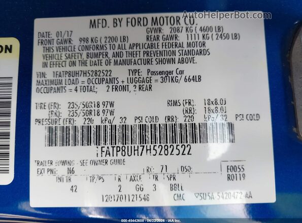 1FATP8UH7H5282522 2017 FORD MUSTANG Синий Вид подкапотного пространства