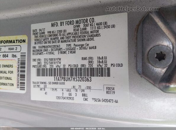 1FATP8UH7H5320363 2017 FORD MUSTANG Silver Engine compartment view