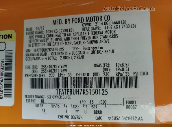 1FATP8UH7K5150125 2019 FORD MUSTANG Orange Вид підкапотного простору