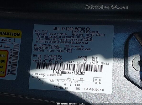 1FATP8UH8N5120202 2022 FORD MUSTANG Silver ძრავის განყოფილების ხედი