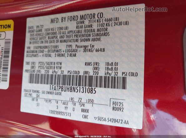 1FATP8UH8N5131085 2022 FORD MUSTANG Red Вид підкапотного простору