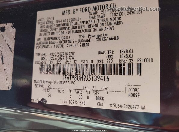 1FATP8UH9J5139416 2018 FORD MUSTANG Burgundy 