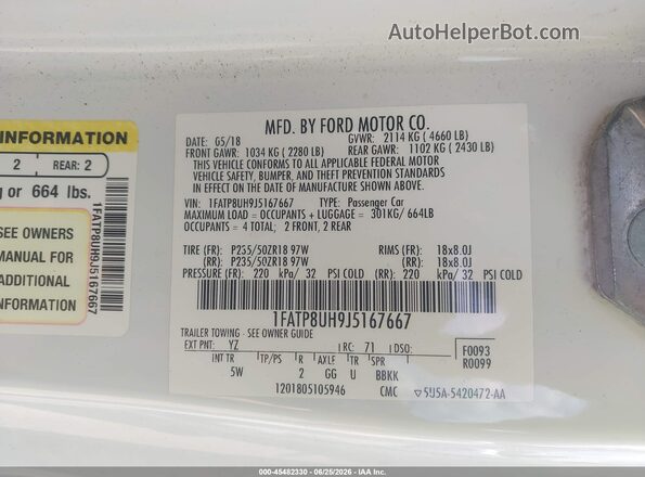 1FATP8UH9J5167667 2018 FORD MUSTANG White Вид підкапотного простору