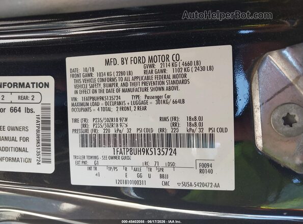 1FATP8UH9K5135724 2019 FORD MUSTANG Black ძრავის განყოფილების ხედი