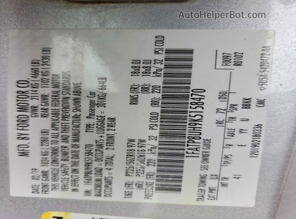 1FATP8UH9K5158470 2019 FORD MUSTANG Silver ძრავის განყოფილების ხედი