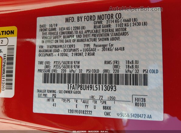 1FATP8UH9L5113093 2020 FORD MUSTANG Red Engine compartment view