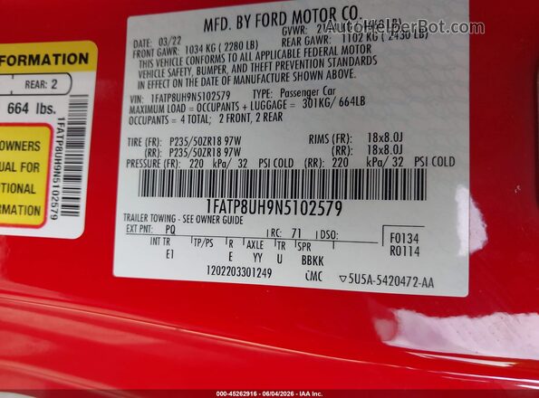 1FATP8UH9N5102579 2022 FORD MUSTANG Red ძრავის განყოფილების ხედი
