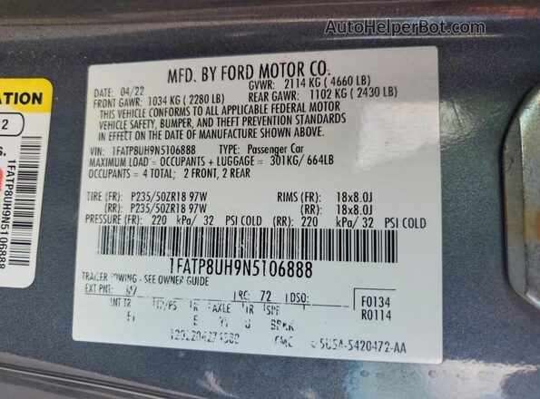 1FATP8UH9N5106888 2022 FORD MUSTANG Gray ძრავის განყოფილების ხედი