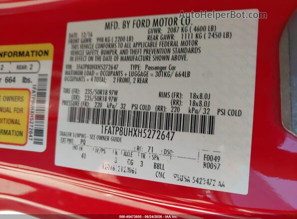 1FATP8UHXH5272647 2017 FORD MUSTANG Red Engine compartment view