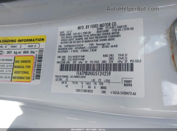 1FATP8UHXJ5124259 2018 FORD MUSTANG Белый Вид подкапотного пространства