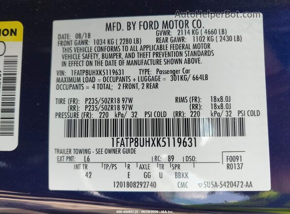 1FATP8UHXK5119631 2019 FORD MUSTANG Dark Blue Engine compartment view