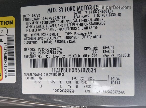 1FATP8UHXN5102834 2022 FORD MUSTANG Серый Вид подкапотного пространства