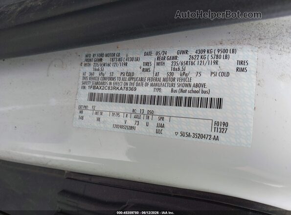 1FBAX2C83RKA78369 2024 FORD TRANSIT-350 White ძრავის განყოფილების ხედი