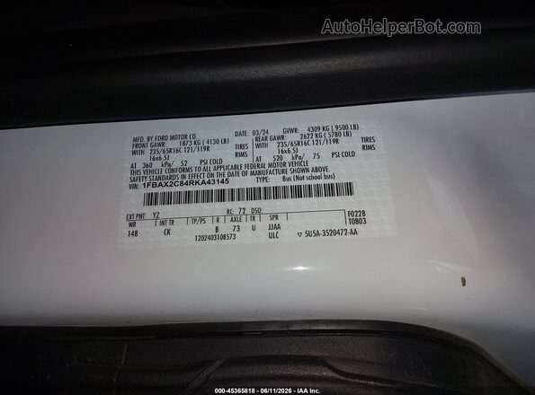 1FBAX2C84RKA43145 2024 FORD TRANSIT-350 White 