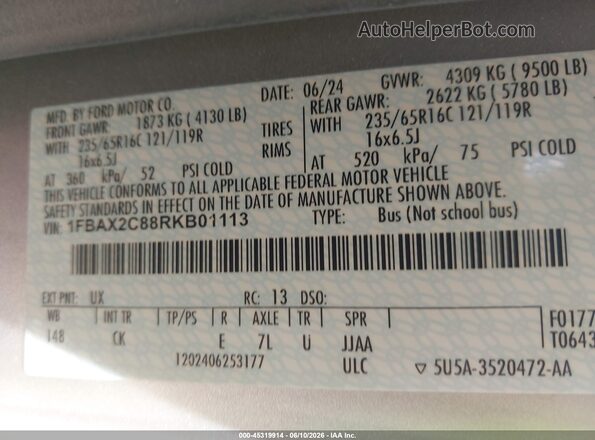 1FBAX2C88RKB01113 2024 FORD TRANSIT-350 Silver Вид підкапотного простору