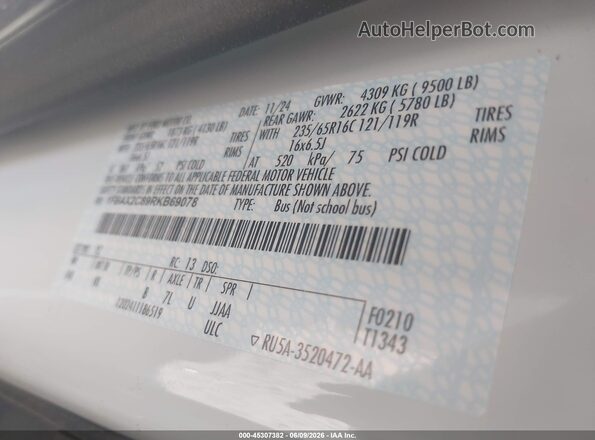 1FBAX2C89RKB69078 2024 FORD TRANSIT-350 White Vista del compartimento del motor
