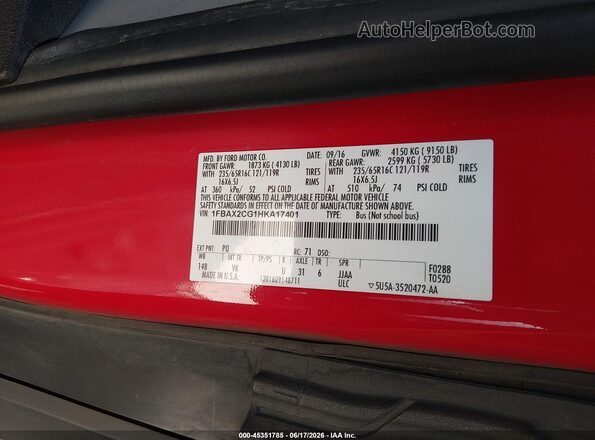 1FBAX2CG1HKA17401 2017 FORD TRANSIT-350 Red Engine compartment view