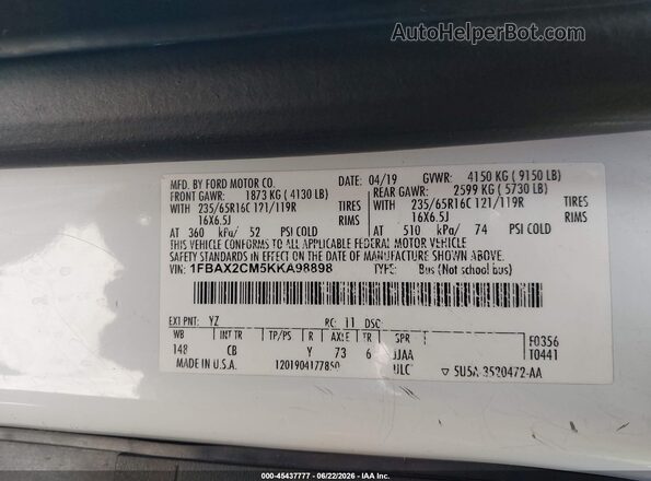 1FBAX2CM5KKA98898 2019 FORD TRANSIT-350 White Vista del compartimento del motor