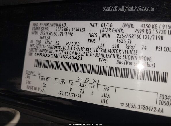 1FBAX2CM6JKA43424 2018 FORD TRANSIT-350 Black Widok komory silnika