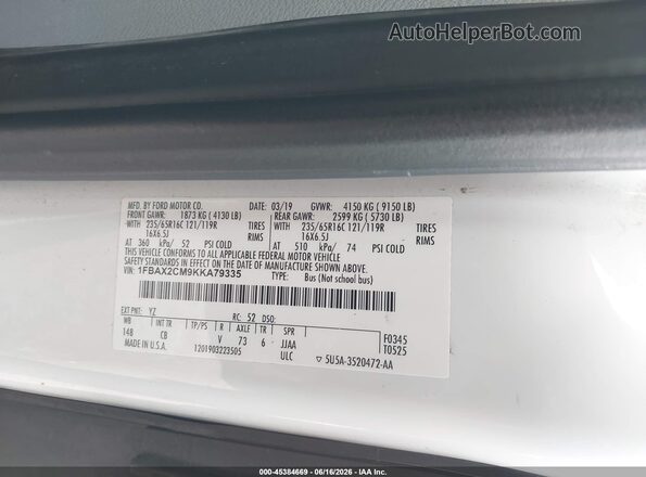 1FBAX2CM9KKA79335 2019 FORD TRANSIT-350 White Вид підкапотного простору