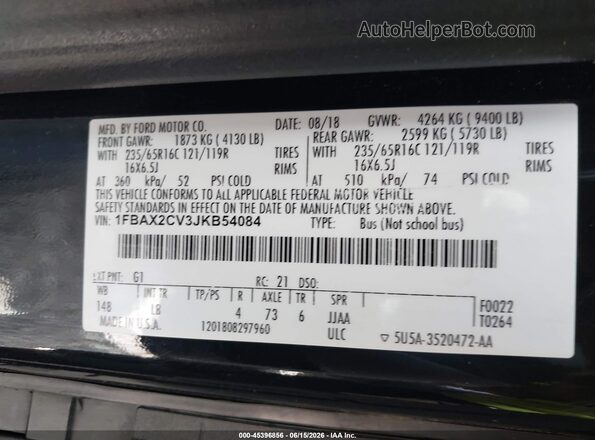 1FBAX2CV3JKB54084 2018 FORD TRANSIT-350 Black 