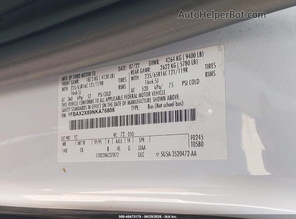 1FBAX2X89NKA76808 2022 FORD TRANSIT-350 Белый Вид подкапотного пространства