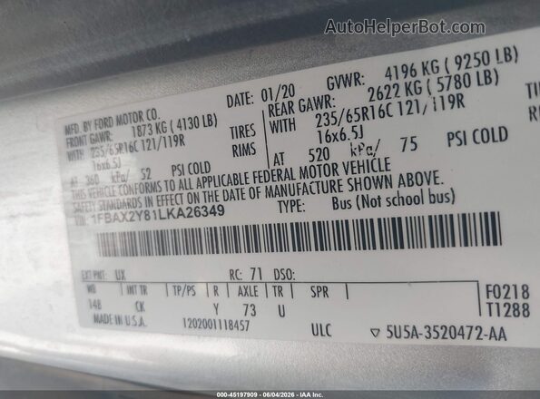 1FBAX2Y81LKA26349 2020 FORD TRANSIT-350 Silver Engine compartment view