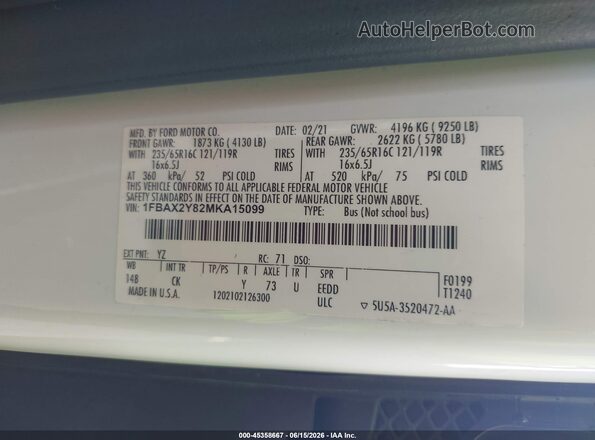 1FBAX2Y82MKA15099 2021 FORD TRANSIT-350 White Vista del compartimento del motor