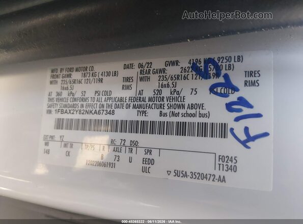 1FBAX2Y82NKA67348 2022 FORD TRANSIT-350 White Engine compartment view