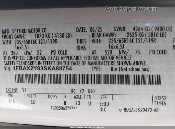 1FBAX2Y83SKA88754 2025 FORD TRANSIT-350 White VIN sticker view