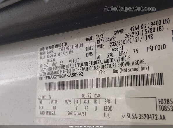 1FBAX2Y86MKA50292 2021 FORD TRANSIT-350 White Widok komory silnika