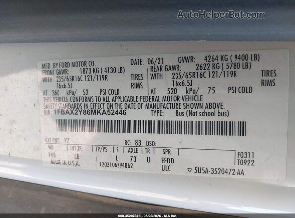 1FBAX2Y86MKA52446 2021 FORD TRANSIT-350 White Widok komory silnika