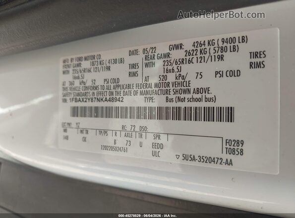 1FBAX2Y87NKA48942 2022 FORD TRANSIT-350 White Engine compartment view