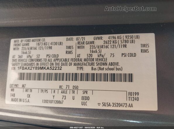 1FBAX2Y89MKA52232 2021 FORD TRANSIT-350 Gray Շարժիչի բաժամունքի տեսք