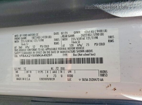 1FBAX2Y8XMKA49291 2021 FORD TRANSIT White VIN կոդի պիտակի տեսք