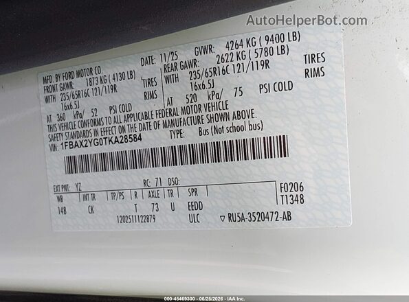 1FBAX2YG0TKA28584 2026 FORD TRANSIT-350 White Vista del compartimento del motor