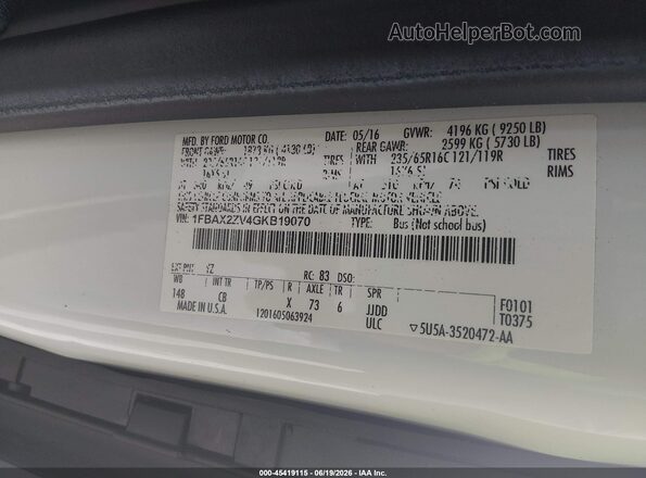 1FBAX2ZV4GKB19070 2016 FORD TRANSIT-350 White Engine compartment view