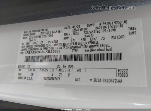 1FBAX9CG5LKB25683 2020 FORD TRANSIT-350 White Engine compartment view
