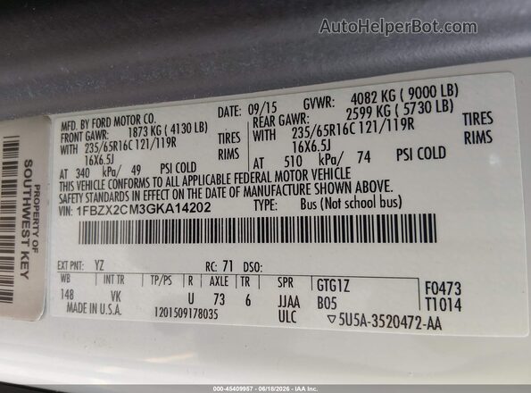 1FBZX2CM3GKA14202 2016 FORD TRANSIT-350 White ძრავის განყოფილების ხედი