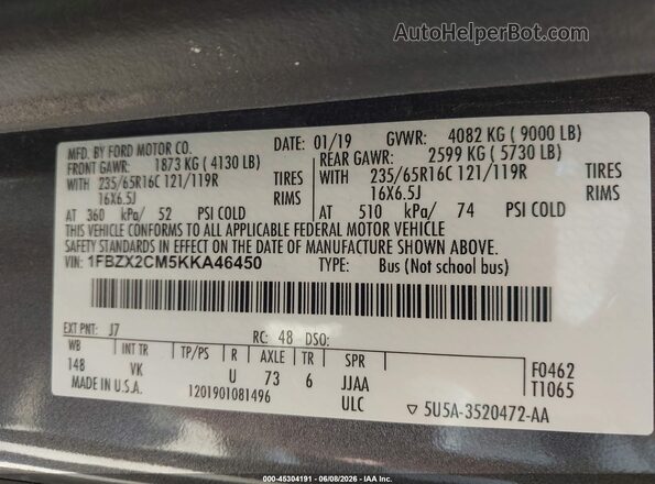 1FBZX2CM5KKA46450 2019 FORD TRANSIT-350 Gray Engine compartment view
